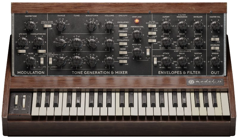 1972年製のminimoogを細部に至るまで忠実にモデリングした 1972年製のminimoogを細部に至るまで忠実にモデリングした